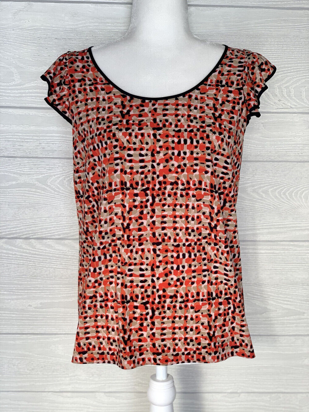 Ann Taylor Red Orange Print Ruffle Sleeve Top Size 6